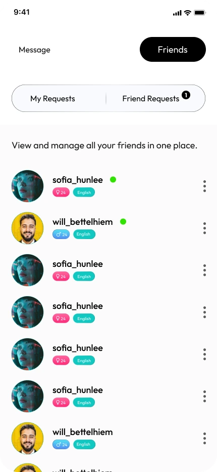 Friends tab with My Requests and Friend Requests
