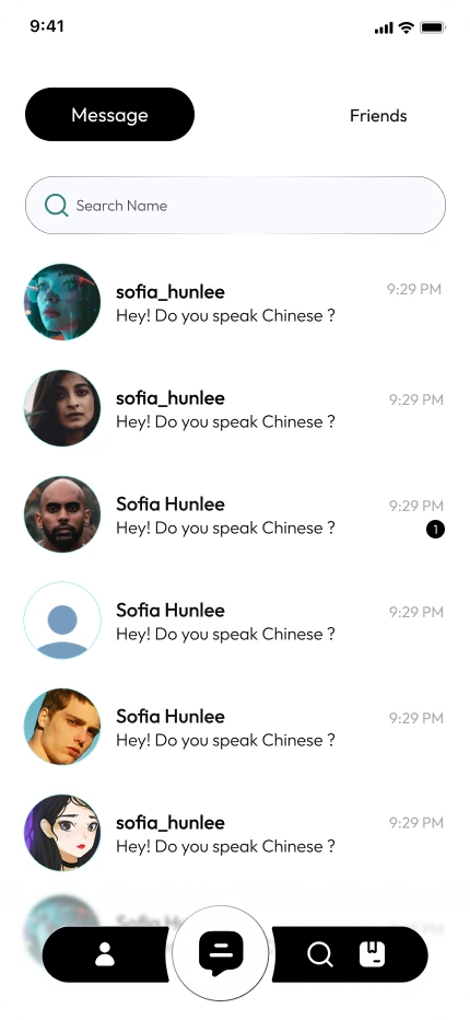 Unyte messages list showing recent chats with online users first