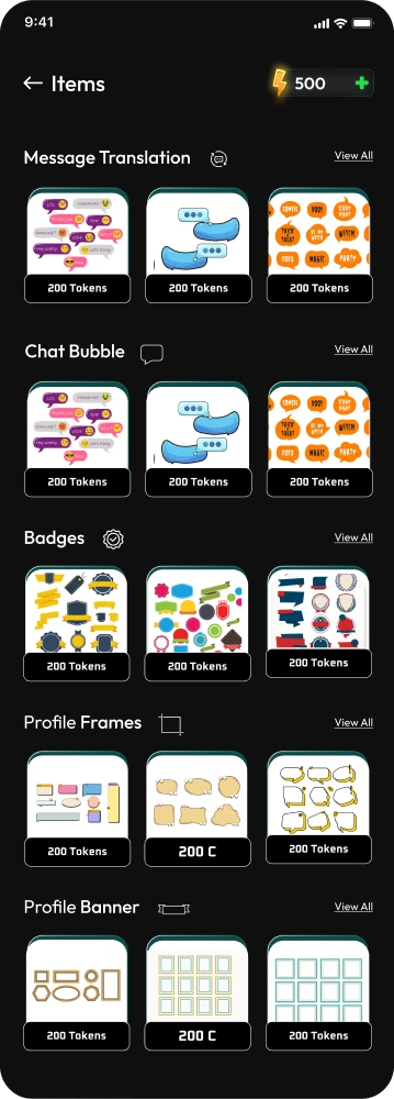 Item shop with chat bubbles, badges, profile frames and banners