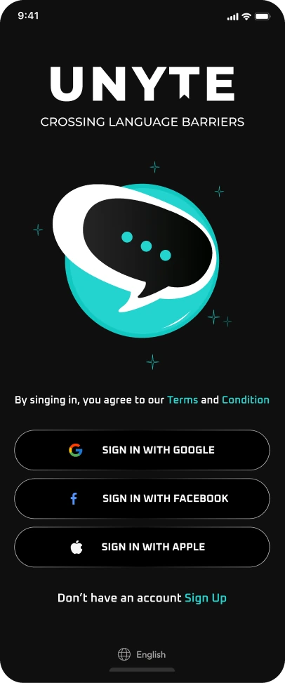 Unyte sign-in screen with Google, Facebook and Apple options