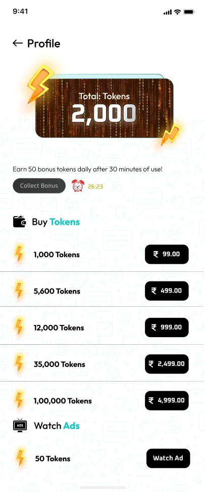Token wallet with buy tokens and watch ads options